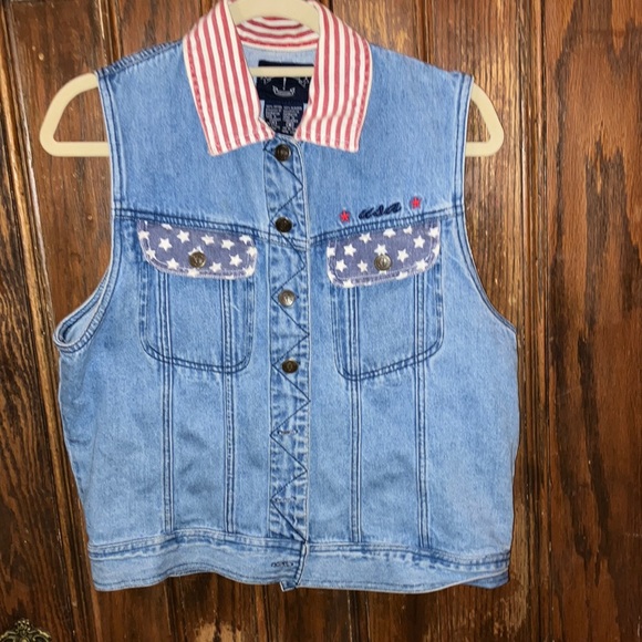 🇺🇸 Vintage Solutions! blue denim vest /USA & stars embroidered - Picture 2 of 6